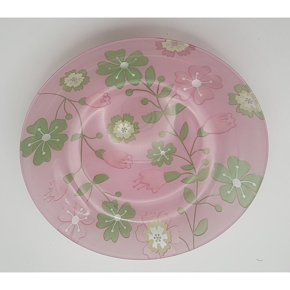 Set Of 4 Reverse Painted Glass Bowls Pink Green Floral Design 9 3/4” Dia.